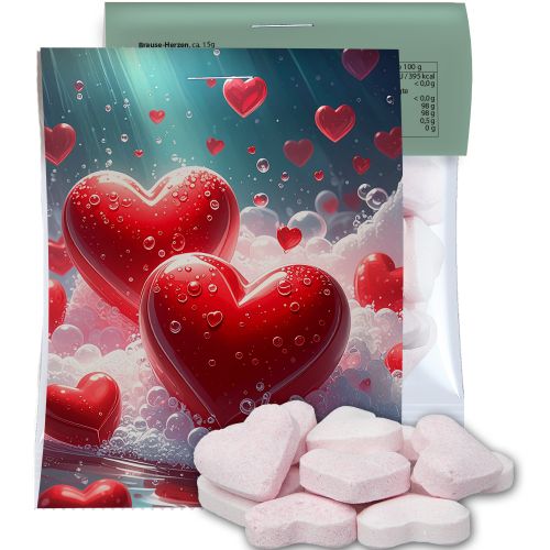 Fizzy hearts mix strawberry and wild cherry, ca. 15g, express midi bag with promotional flyer