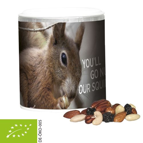 Organic trail mix, ca. 50g, cardboard can mini with label