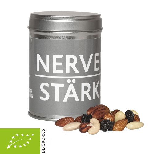 Organic trail mix, ca. 100g, dual tin with label