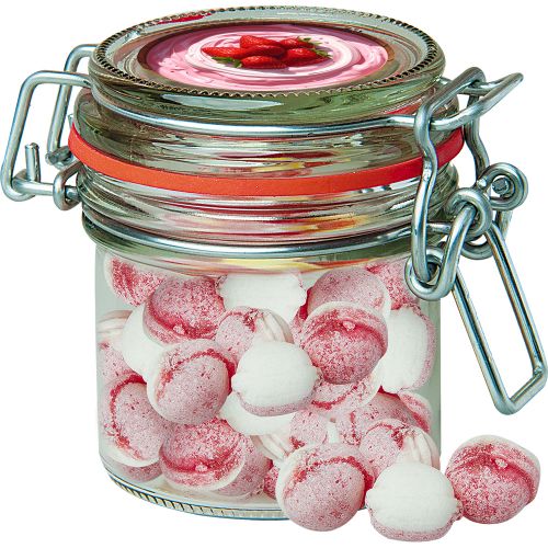 Strawberry yogurt candy, ca. 60g, candy jar mini with label