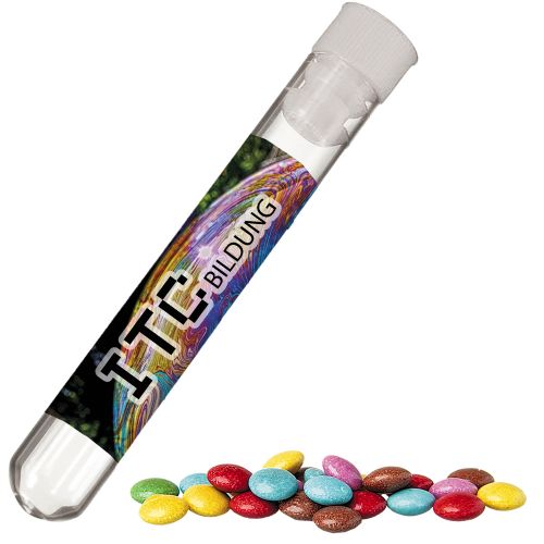 Coloured chocolate lentils, ca. 10g, test tube with label