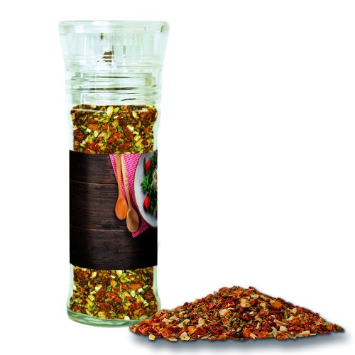 Tomato mozzarella spice, ca. 35g, transparent spice mill with label
