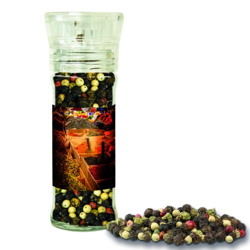 Colorful pepper whole, ca. 45g, transparent spice mill with label