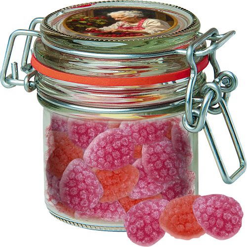 Strawberry chili candy, ca. 60g, candy jar mini with label