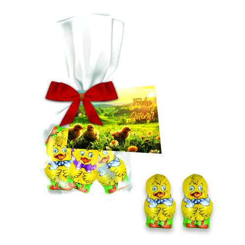 Chocolate chicken mix, ca. 24g, express flat bag with bow with advertising card