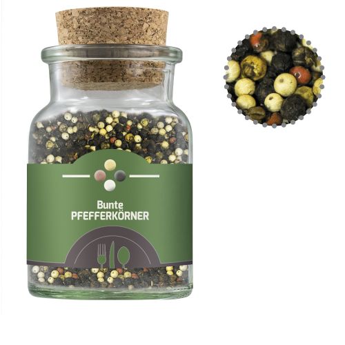 Colorful pepper whole, ca. 65g, cork glass with label