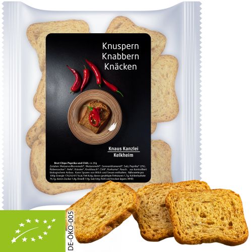 Organic bread chips paprika and chili, ca. 20g, express maxi bag with label