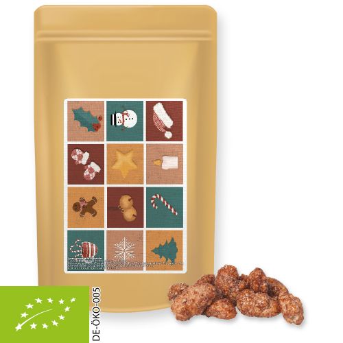 Organic burnt almonds, ca. 80g, midi stand up pouch with label