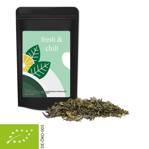 Organic green tea with mint, ca. 12g, mini stand up pouch black with label