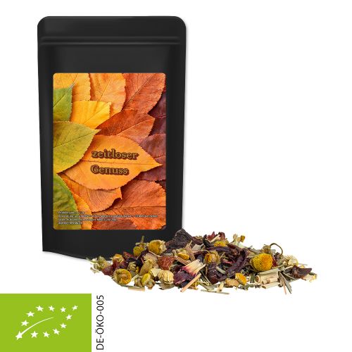 Organic herbal tea four seasons, ca. 10g, mini stand up pouch black with label