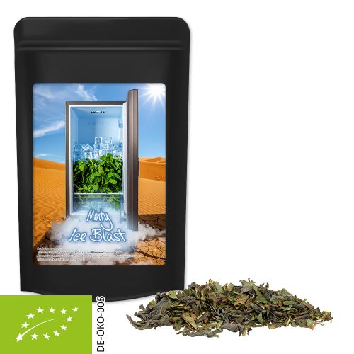 Organic green tea with mint, ca. 30g, midi stand up pouch black with label