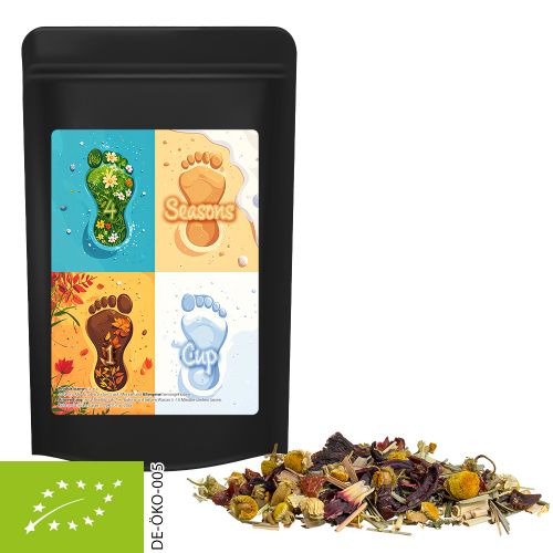 Organic herbal tea four seasons, ca. 30g, midi stand up pouch black with label