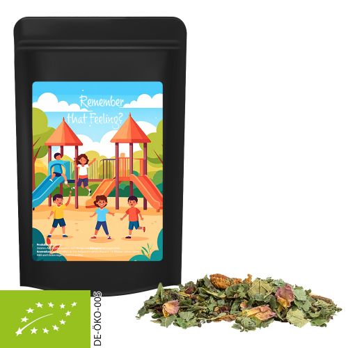 Organic herbal tea happiness, ca. 40g, midi stand up pouch black with label