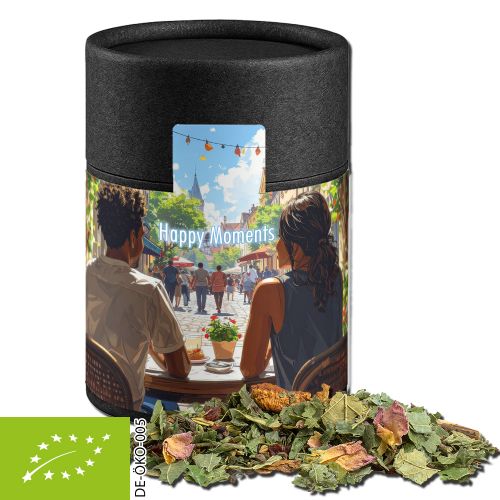 Organic herbal tea happiness, ca. 40g, cardboard can midi black