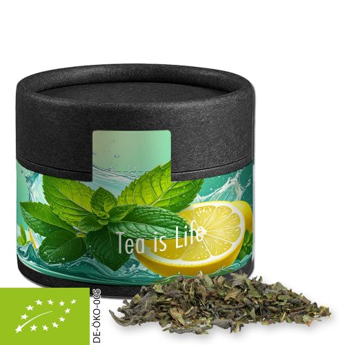 Organic green tea with mint, ca. 10g, cardboard can mini black