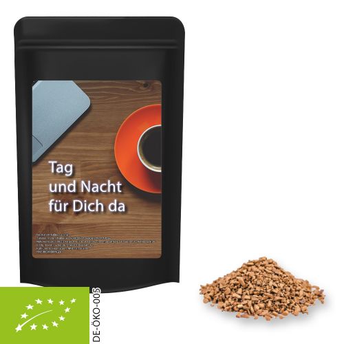 Organic instant coffee, ca. 35g, midi stand up pouch black with label