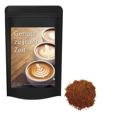 Ground coffee, ca. 70g, midi stand up pouch black with label