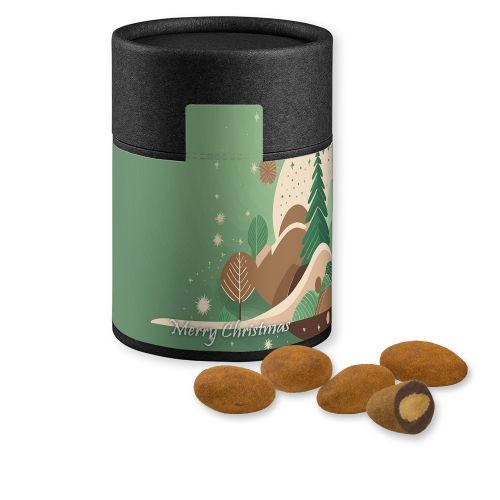 Chocolate almonds with cinnamon, ca. 80g, cardboard can midi black