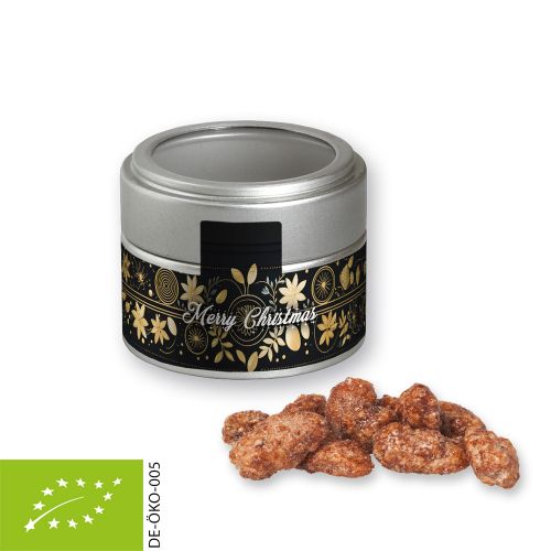 Organic burnt almonds, ca. 60g, metal tin mini silver with window