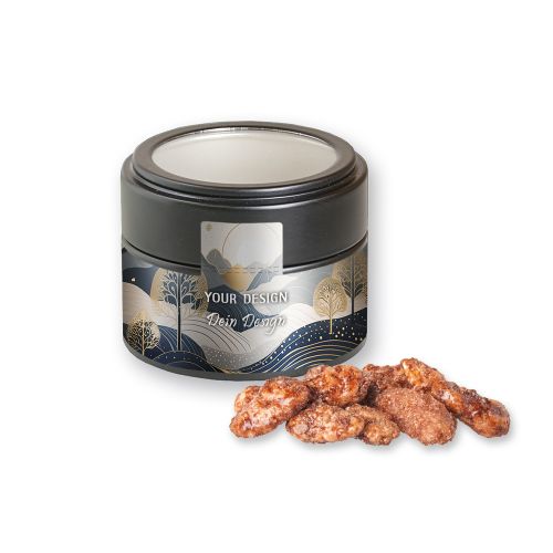 Burnt almonds, ca. 60g, metal tin mini black with window