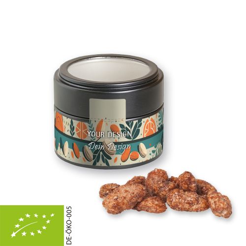 Organic burnt almonds, ca. 60g, metal tin mini black with window