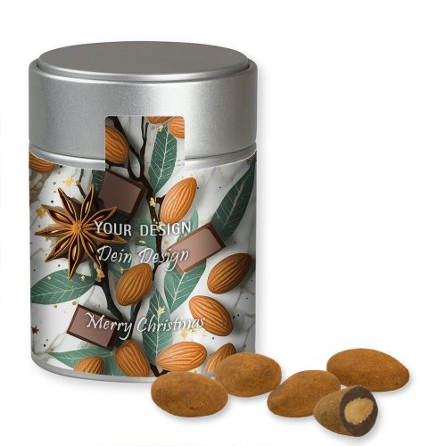 Chocolate almonds with cinnamon, ca. 100g, metal tin midi silver