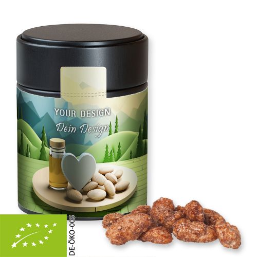 Organic burnt almonds, ca. 100g, metal tin midi black