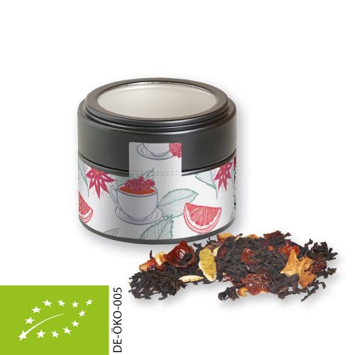 Organic Christmas black tea, ca. 30g, metal tin mini black with window