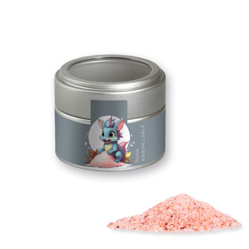 Pink crystal salt, ca. 110g, metal tin mini silver with window