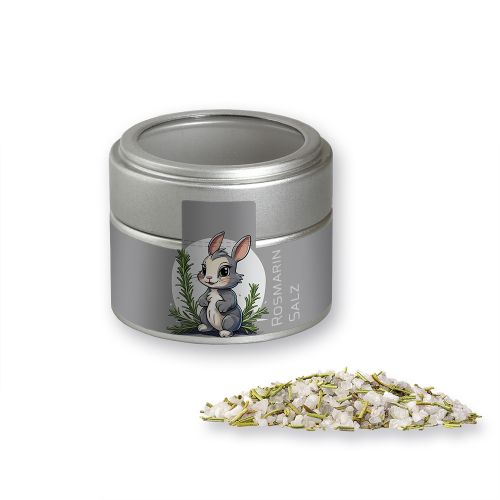Rosemary salt, ca. 75g, metal tin mini silver with window
