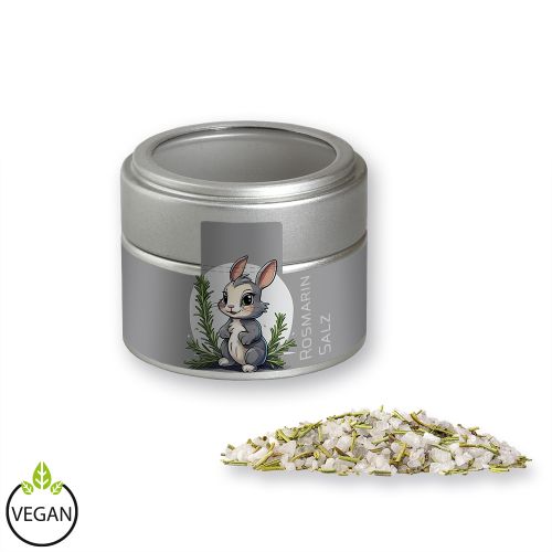 Rosemary salt, ca. 75g, metal tin mini silver with window