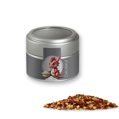 Chili salt, ca. 45g, metal tin mini silver with window