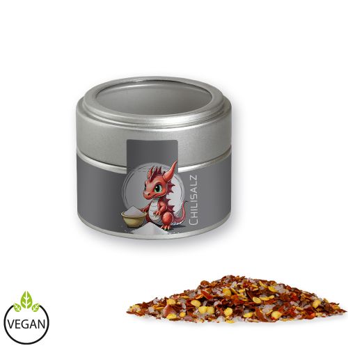 Chili salt, ca. 45g, metal tin mini silver with window