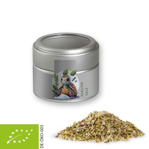 Organic herb salt, ca. 75g, metal tin mini silver with window