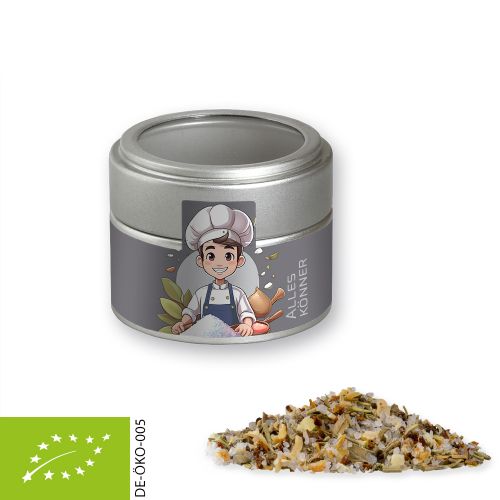 Organic all-rounder spice, ca. 60g, metal tin mini silver with window
