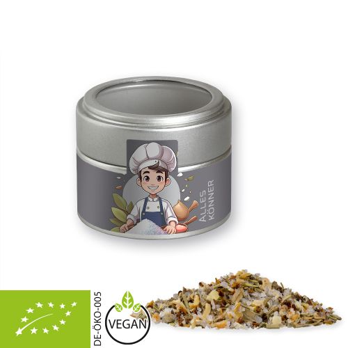 Organic all-rounder spice, ca. 60g, metal tin mini silver with window