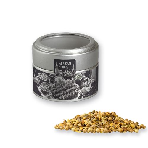 African BBQ, ca. 60g, metal tin mini silver with window