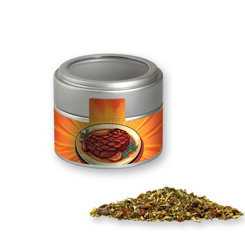 Steak spice, ca. 60g, metal tin mini silver with window