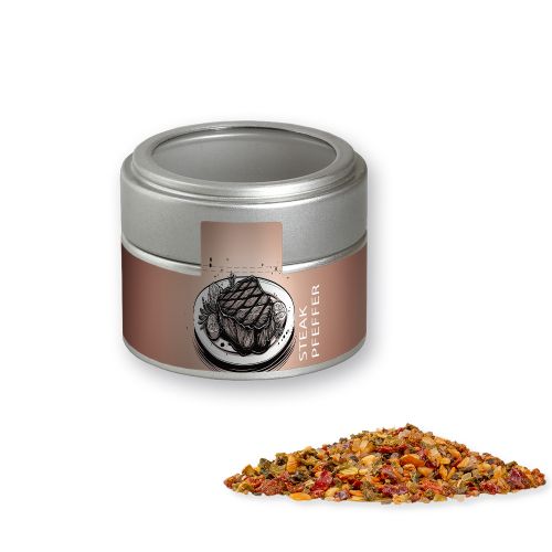 Steak pepper, ca. 60g, metal tin mini silver with window