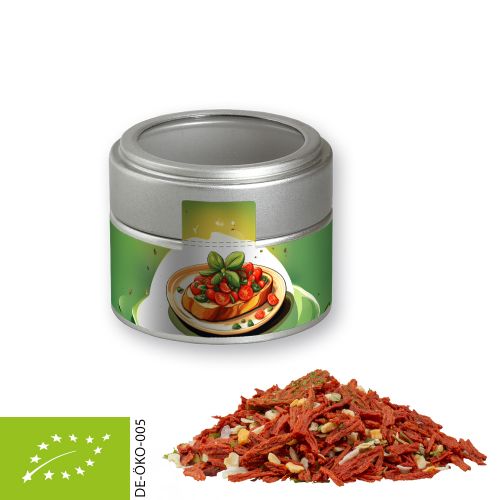 Organic tuscan bruschetta, ca. 40g, metal tin mini silver with window