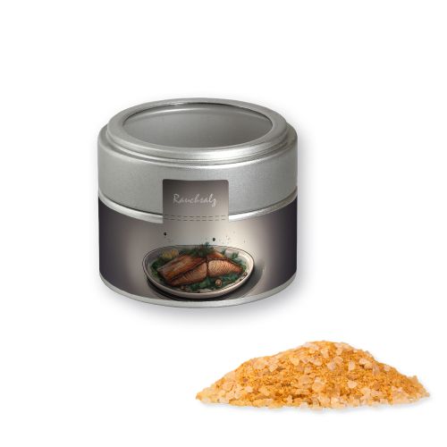 Smoke salt coarse, ca. 110g, metal tin mini silver with window