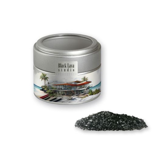 Black lava salt, ca. 110g, metal tin mini silver with window