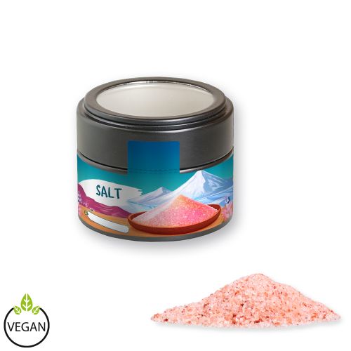 Pink crystal salt, ca. 110g, metal tin mini black with window