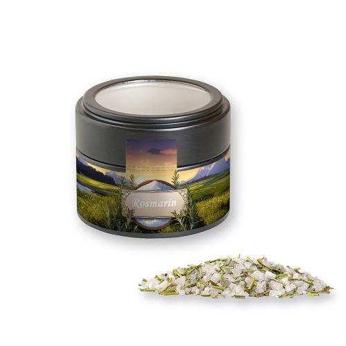Rosemary salt, ca. 75g, metal tin mini black with window