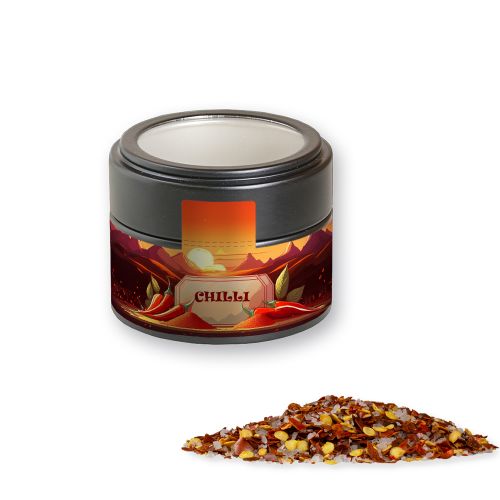 Chili salt, ca. 45g, metal tin mini black with window