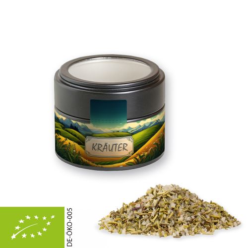 Organic herb salt, ca. 75g, metal tin mini black with window