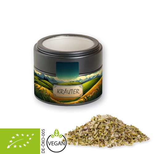 Organic herb salt, ca. 75g, metal tin mini black with window