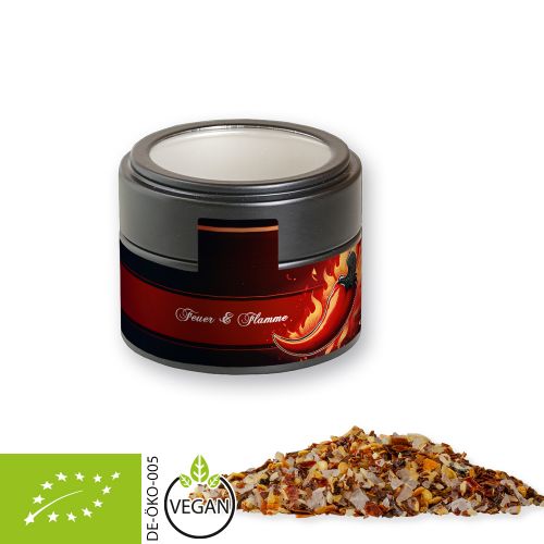 Organic fire and flame spice, ca. 60g, metal tin mini black with window