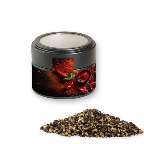 Pepper crushed, ca. 55g, metal tin mini black with window