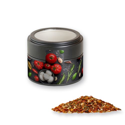 Tomato mozzarella spice, ca. 40g, metal tin mini black with window